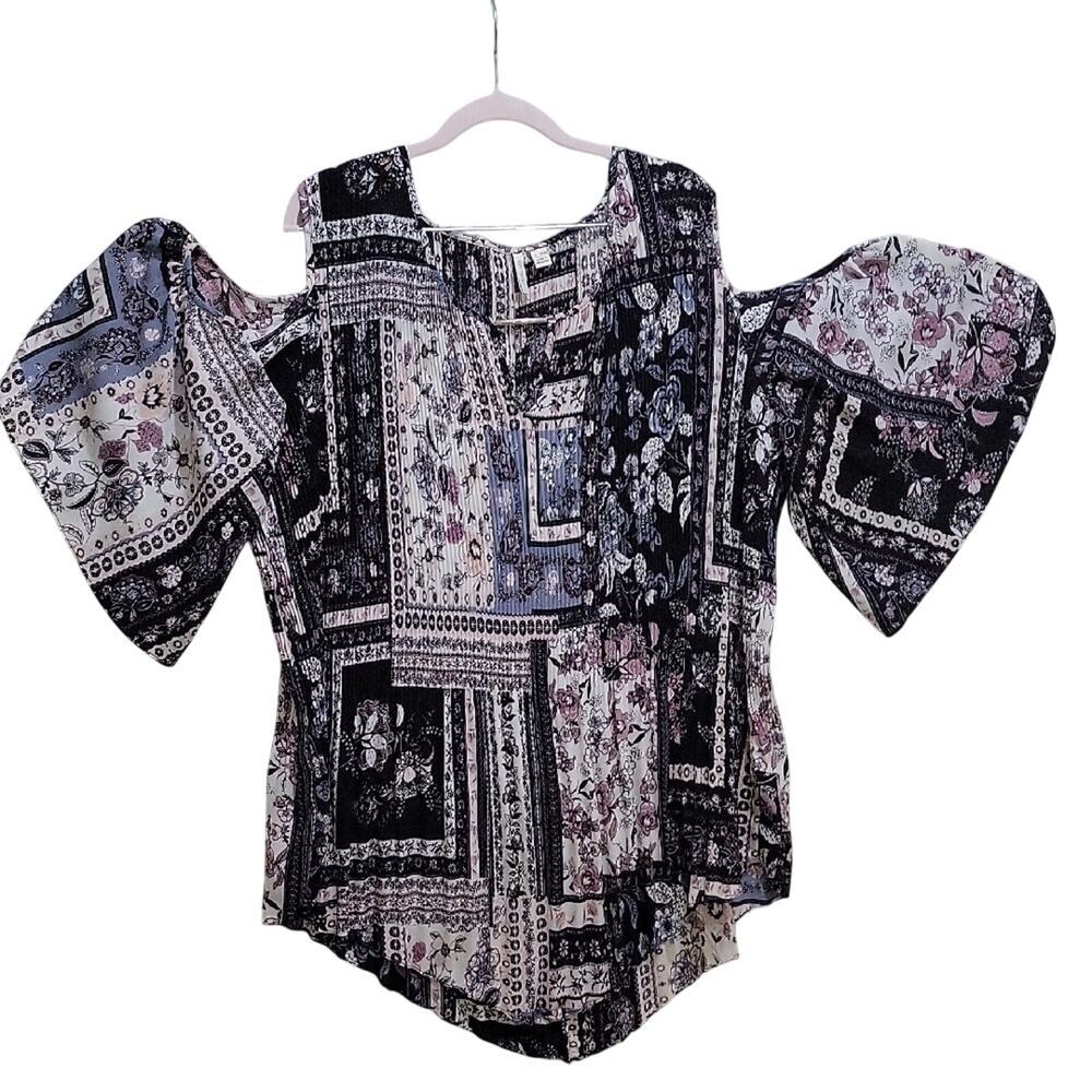 EST. 1946 Cold-Shoulder Patchwork Floral Blouse Womens 22/24W Black And Cream